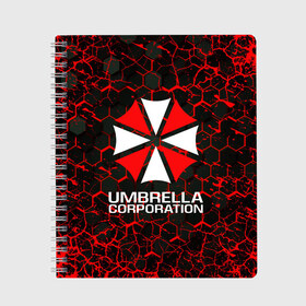 Тетрадь с принтом UMBRELLA CORPORATION в Тюмени, 100% бумага | 48 листов, плотность листов — 60 г/м2, плотность картонной обложки — 250 г/м2. Листы скреплены сбоку удобной пружинной спиралью. Уголки страниц и обложки скругленные. Цвет линий — светло-серый
 | corp | corporation | resident evil | umbrella | umbrella corporation | зомби апокалипсис | зонт | игра