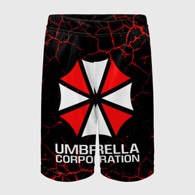 Детские спортивные шорты 3D с принтом UMBRELLA CORPORATION в Тюмени,  100% полиэстер
 | пояс оформлен широкой мягкой резинкой, ткань тянется
 | Тематика изображения на принте: corp | corporation | resident evil | umbrella | umbrella corporation | зомби апокалипсис | зонт | игра