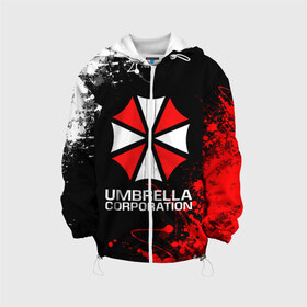 Детская куртка 3D с принтом UMBRELLA CORPORATION в Тюмени, 100% полиэстер | застежка — молния, подол и капюшон оформлены резинкой с фиксаторами, по бокам — два кармана без застежек, один потайной карман на груди, плотность верхнего слоя — 90 г/м2; плотность флисового подклада — 260 г/м2 | corp | corporation | resident evil | umbrella | umbrella corporation | зомби апокалипсис | зонт | игра