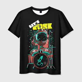 Мужская футболка 3D с принтом Lets Rock в Тюмени, 100% полиэфир | прямой крой, круглый вырез горловины, длина до линии бедер | art | astronaut | drummer | drums | rock | rocket | space | арт | астронавт | барабанщик | барабаны | космонавт | космос | ракета | рок