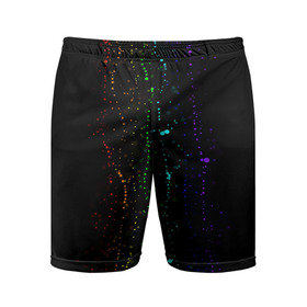 Мужские шорты спортивные с принтом Аркобалено в Тюмени,  |  | Тематика изображения на принте: color | капли | краски | палитра | радуга | темная основа | цвета