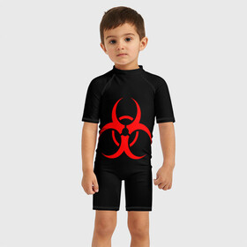 Детский купальный костюм 3D с принтом Plague inc в Тюмени, Полиэстер 85%, Спандекс 15% | застежка на молнии на спине | game | ncov2019 | plague inc | warning | вирус | знак | игра | китай | коронавирус | опасность | символ