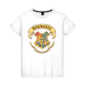 Женская футболка хлопок с принтом Coat of Hogwarts в Тюмени, 100% хлопок | прямой крой, круглый вырез горловины, длина до линии бедер, слегка спущенное плечо | vdgerir | гарри поттер | гриффиндор | дамблдор | добби | слизерин | хогвартс