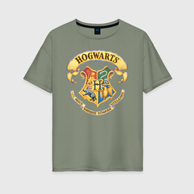 Женская футболка хлопок Oversize с принтом Coat of Hogwarts в Тюмени, 100% хлопок | свободный крой, круглый ворот, спущенный рукав, длина до линии бедер
 | vdgerir | гарри поттер | гриффиндор | дамблдор | добби | слизерин | хогвартс