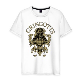 Мужская футболка хлопок с принтом Coat of Gringotts в Тюмени, 100% хлопок | прямой крой, круглый вырез горловины, длина до линии бедер, слегка спущенное плечо. | vdgerir | гарри поттер | гринготс