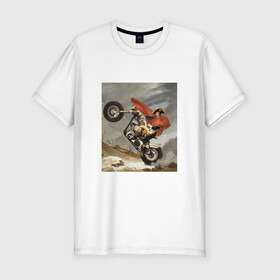 Мужская футболка хлопок Slim с принтом Байкер Наполеон в Тюмени, 92% хлопок, 8% лайкра | приталенный силуэт, круглый вырез ворота, длина до линии бедра, короткий рукав | война | картина | мотоцикл | наполеон | подарок | стиль | стильно | хайп | харлей