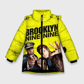 Зимняя куртка для девочек 3D с принтом Brooklyn Nine-Nine в Тюмени, ткань верха — 100% полиэстер; подклад — 100% полиэстер, утеплитель — 100% полиэстер. | длина ниже бедра, удлиненная спинка, воротник стойка и отстегивающийся капюшон. Есть боковые карманы с листочкой на кнопках, утяжки по низу изделия и внутренний карман на молнии. 

Предусмотрены светоотражающий принт на спинке, радужный светоотражающий элемент на пуллере молнии и на резинке для утяжки. | Тематика изображения на принте: 7 сезон | 99 участок | brooklyn nine nine | бруклин | бруклин 9 9 | комедия