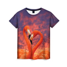 Женская футболка 3D с принтом Flamingo Love в Тюмени, 100% полиэфир ( синтетическое хлопкоподобное полотно) | прямой крой, круглый вырез горловины, длина до линии бедер | 14 февраля | 8 марта | валентинов день | верность | влюбленность | влюбленные | вместе | вместе навсегда | девушке | женат | женский день | женский праздник | закат | замужем | кружка | любимая