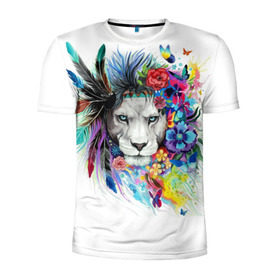 Мужская футболка 3D спортивная с принтом Лев в Тюмени, 100% полиэстер с улучшенными характеристиками | приталенный силуэт, круглая горловина, широкие плечи, сужается к линии бедра | арт | арт картинки | кошки | лев | прикольные | рисунки