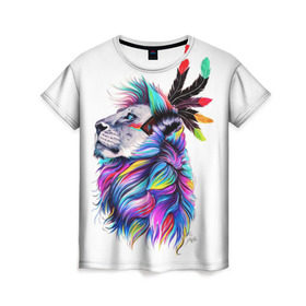Женская футболка 3D с принтом Лев арт в Тюмени, 100% полиэфир ( синтетическое хлопкоподобное полотно) | прямой крой, круглый вырез горловины, длина до линии бедер | арт | животные | искусство | картинка | киса | кошки | лев | рисунок | цветы
