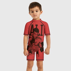 Детский купальный костюм 3D с принтом Ali в Тюмени, Полиэстер 85%, Спандекс 15% | застежка на молнии на спине | ali | muhammad ali | the greatest | али | бокс | мухамед али | мухаммед али