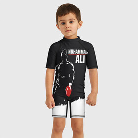 Детский купальный костюм 3D с принтом Muhammad Ali в Тюмени, Полиэстер 85%, Спандекс 15% | застежка на молнии на спине | ali | muhammad ali | the greatest | али | бокс | мухамед али | мухаммед али