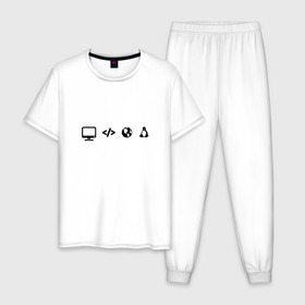 Мужская пижама хлопок с принтом LINUX в Тюмени, 100% хлопок | брюки и футболка прямого кроя, без карманов, на брюках мягкая резинка на поясе и по низу штанин
 | код | пингвин | планета земля | программист | разработчик | эволюция