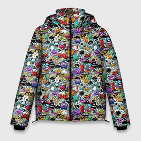 Мужская зимняя куртка 3D с принтом Stickerboom в Тюмени, верх — 100% полиэстер; подкладка — 100% полиэстер; утеплитель — 100% полиэстер | длина ниже бедра, свободный силуэт Оверсайз. Есть воротник-стойка, отстегивающийся капюшон и ветрозащитная планка. 

Боковые карманы с листочкой на кнопках и внутренний карман на молнии. | Тематика изображения на принте: art | bomb | graffiti | hearts | monsters | stars | stickerboom | stickers | texture | арт | бомба | вишня | граффити | звезды | монстры | мороженое | сердечки | стикербум | стикеры | текстура