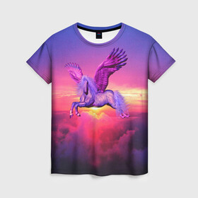Женская футболка 3D с принтом Dusk Sky Horse в Тюмени, 100% полиэфир ( синтетическое хлопкоподобное полотно) | прямой крой, круглый вырез горловины, длина до линии бедер | высота | закат | конь | крылья | легенды | летать | летающий | лошадь | мистический | мифология | мифы | небесный | небо | облака | облач | пегас | плед | подушка | полет | пурпурный | сумерки | сумка