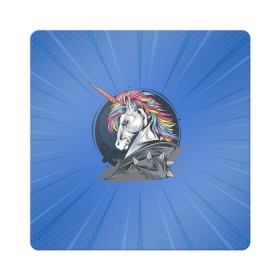 Магнит виниловый Квадрат с принтом Единорог Rock в Тюмени, полимерный материал с магнитным слоем | размер 9*9 см, закругленные углы | rock | единорог | единорог рокер | кожанка | конь | лошадь | многоцветный | радуга | рог | рок | шипы