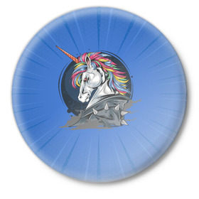 Значок с принтом Единорог Rock в Тюмени,  металл | круглая форма, металлическая застежка в виде булавки | Тематика изображения на принте: rock | единорог | единорог рокер | кожанка | конь | лошадь | многоцветный | радуга | рог | рок | шипы