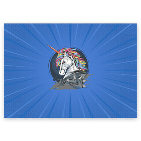 Поздравительная открытка с принтом Единорог Rock в Тюмени, 100% бумага | плотность бумаги 280 г/м2, матовая, на обратной стороне линовка и место для марки
 | rock | единорог | единорог рокер | кожанка | конь | лошадь | многоцветный | радуга | рог | рок | шипы