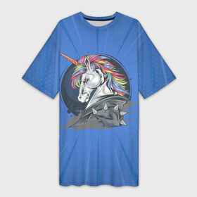 Платье-футболка 3D с принтом Единорог Rock в Тюмени,  |  | rock | единорог | единорог рокер | кожанка | конь | лошадь | многоцветный | радуга | рог | рок | шипы