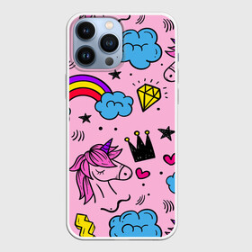 Чехол для iPhone 13 Pro Max с принтом Единороги в Тюмени,  |  | pink | единорог | единорожки | звезда | корона | лето | лошадка | лошадь | надпись | облака | радуга | радужный | сердечки | символы