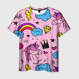 Мужская футболка 3D с принтом Единороги в Тюмени, 100% полиэфир | прямой крой, круглый вырез горловины, длина до линии бедер | Тематика изображения на принте: pink | единорог | единорожки | звезда | корона | лето | лошадка | лошадь | надпись | облака | радуга | радужный | сердечки | символы