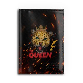 Обложка для автодокументов с принтом the Queen в Тюмени, натуральная кожа |  размер 19,9*13 см; внутри 4 больших “конверта” для документов и один маленький отдел — туда идеально встанут права | queen | большая кошка | королева | корона | кошка | леопард | львица | молния