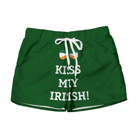 Женские шорты 3D с принтом Kiss my Irish в Тюмени, 100% полиэстер | прямой крой, два кармана без застежек по бокам. Мягкая трикотажная резинка на поясе, внутри которой широкие завязки. Длина до середины бедра | британия | день святого патрика | золото | ирландия