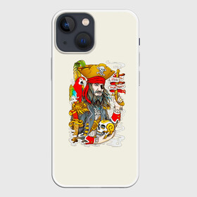 Чехол для iPhone 13 mini с принтом Пират в Тюмени,  |  | art | pirate | skull | арт | борода | дым | капитан | кости | костюм | листья | море | моряк | надпись | нож | оружие | пират | пистолет | попугай | прикольная | птица | череп