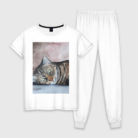 Женская пижама хлопок с принтом Барсик в Тюмени, 100% хлопок | брюки и футболка прямого кроя, без карманов, на брюках мягкая резинка на поясе и по низу штанин | полосатый кот. рисунок акварелью