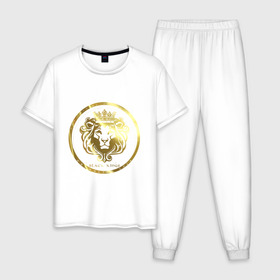 Мужская пижама хлопок с принтом Golden lion в Тюмени, 100% хлопок | брюки и футболка прямого кроя, без карманов, на брюках мягкая резинка на поясе и по низу штанин
 | власть | дорого | золото | король | корона | лев | царь