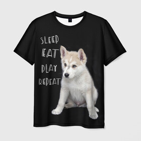Мужская футболка 3D с принтом Sleep Eat Play Repeat (Хаски) в Тюмени, 100% полиэфир | прямой крой, круглый вырез горловины, длина до линии бедер | dog | husky | puppy | siberian husky | sleep eat play repeat | белая собака | белый щенок | ездовая собака | кружка | лайка | лайка щенок | подушка | сибирский хаски | собака | собачья жизнь | сумка | термокружка | фартук