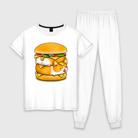 Женская пижама хлопок с принтом Корги в Тюмени, 100% хлопок | брюки и футболка прямого кроя, без карманов, на брюках мягкая резинка на поясе и по низу штанин | art | burger | chees | corgi | dog | арт | бургер | еда | корги | миска | собака | сыр | чизбургер