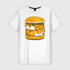 Мужская футболка хлопок Slim с принтом Корги в Тюмени, 92% хлопок, 8% лайкра | приталенный силуэт, круглый вырез ворота, длина до линии бедра, короткий рукав | art | burger | chees | corgi | dog | арт | бургер | еда | корги | миска | собака | сыр | чизбургер