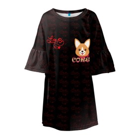 Детское платье 3D с принтом Корги в Тюмени, 100% полиэстер | прямой силуэт, чуть расширенный к низу. Круглая горловина, на рукавах — воланы | 3d | corg | dog | день святого валеина | корги | кость | лапа | лого | логотип | надпись | собака | эмблема