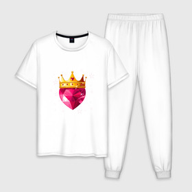 Мужская пижама хлопок с принтом Сердце с короной в Тюмени, 100% хлопок | брюки и футболка прямого кроя, без карманов, на брюках мягкая резинка на поясе и по низу штанин
 | блеск | золото | корона | розовый | рубин | сердце