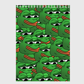Скетчбук с принтом Pepe The Frog в Тюмени, 100% бумага
 | 48 листов, плотность листов — 100 г/м2, плотность картонной обложки — 250 г/м2. Листы скреплены сверху удобной пружинной спиралью | Тематика изображения на принте: frog | meme | memes | pepe | pepe the frog | грустная жабка | лягушка | лягушонок пепе | мем | мемы