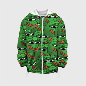 Детская куртка 3D с принтом Pepe The Frog в Тюмени, 100% полиэстер | застежка — молния, подол и капюшон оформлены резинкой с фиксаторами, по бокам — два кармана без застежек, один потайной карман на груди, плотность верхнего слоя — 90 г/м2; плотность флисового подклада — 260 г/м2 | Тематика изображения на принте: frog | meme | memes | pepe | pepe the frog | грустная жабка | лягушка | лягушонок пепе | мем | мемы