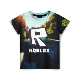 Детская футболка 3D с принтом ROBLOX в Тюмени, 100% гипоаллергенный полиэфир | прямой крой, круглый вырез горловины, длина до линии бедер, чуть спущенное плечо, ткань немного тянется | game | gamer | logo | roblox | игры | логотип | роблокс