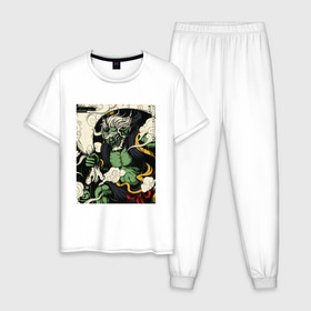 Мужская пижама хлопок с принтом God of wind в Тюмени, 100% хлопок | брюки и футболка прямого кроя, без карманов, на брюках мягкая резинка на поясе и по низу штанин
 | art | demon | god | japan | monster | shinto | арт | бог | демон | иллюстрация | монстр | япония | японский