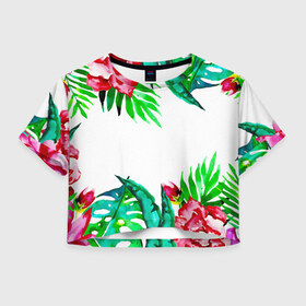 Женская футболка Crop-top 3D с принтом Тропика в Тюмени, 100% полиэстер | круглая горловина, длина футболки до линии талии, рукава с отворотами | flowers | pink | sun | весна | зелень | лето | листья | природа | розовый | розы | солнце | тропика | цветок | цветочки | цветы