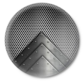 Значок с принтом Броня металлическая в Тюмени,  металл | круглая форма, металлическая застежка в виде булавки | Тематика изображения на принте: абстракция | броня | геометрия | железо | кольчуга | конус | круги | линии | металл | полосы | сетка | сталь | текстура | треугольник