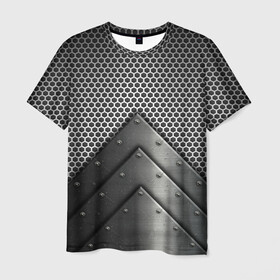 Мужская футболка 3D с принтом Броня металлическая в Тюмени, 100% полиэфир | прямой крой, круглый вырез горловины, длина до линии бедер | абстракция | броня | геометрия | железо | кольчуга | конус | круги | линии | металл | полосы | сетка | сталь | текстура | треугольник