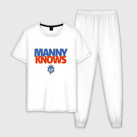 Мужская пижама хлопок с принтом Manny Knows в Тюмени, 100% хлопок | брюки и футболка прямого кроя, без карманов, на брюках мягкая резинка на поясе и по низу штанин
 | Тематика изображения на принте: manny pacquiao | pac man | pacquiao | бокс | мэнни пакьяо | пакьяо