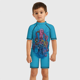 Детский купальный костюм 3D с принтом Осьминог барабанщик в Тюмени, Полиэстер 85%, Спандекс 15% | застежка на молнии на спине | абстракция | арт | барабанщик | барабаны | животные | искусство | картинка | осьминог | рисунок