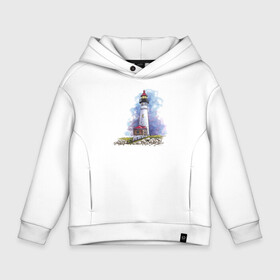 Детское худи Oversize хлопок с принтом Crisp Point Lighthouse в Тюмени, френч-терри — 70% хлопок, 30% полиэстер. Мягкий теплый начес внутри —100% хлопок | боковые карманы, эластичные манжеты и нижняя кромка, капюшон на магнитной кнопке | art | katie batz | lighthouse | достопримечательности | маяк | море | отдых | пляж | туристы