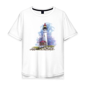 Мужская футболка хлопок Oversize с принтом Crisp Point Lighthouse в Тюмени, 100% хлопок | свободный крой, круглый ворот, “спинка” длиннее передней части | art | katie batz | lighthouse | достопримечательности | маяк | море | отдых | пляж | туристы