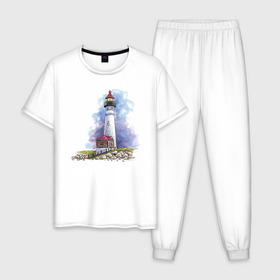 Мужская пижама хлопок с принтом Crisp Point Lighthouse в Тюмени, 100% хлопок | брюки и футболка прямого кроя, без карманов, на брюках мягкая резинка на поясе и по низу штанин
 | art | katie batz | lighthouse | достопримечательности | маяк | море | отдых | пляж | туристы
