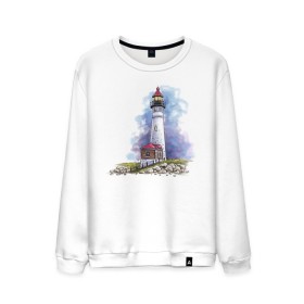 Мужской свитшот хлопок с принтом Crisp Point Lighthouse в Тюмени, 100% хлопок |  | art | katie batz | lighthouse | достопримечательности | маяк | море | отдых | пляж | туристы