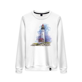Женский свитшот хлопок с принтом Crisp Point Lighthouse в Тюмени, 100% хлопок | прямой крой, круглый вырез, на манжетах и по низу широкая трикотажная резинка  | art | katie batz | lighthouse | достопримечательности | маяк | море | отдых | пляж | туристы