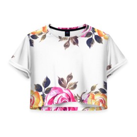 Женская футболка Crop-top 3D с принтом Розы в Тюмени, 100% полиэстер | круглая горловина, длина футболки до линии талии, рукава с отворотами | flowers | pink | бутоны | весна | лето | листья | природа | роза | розовые | розы | цветок | цветочки | цветы
